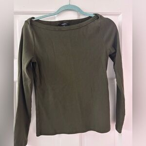 Banana Republic Army Green Long Sleeve wide neck ribbed T